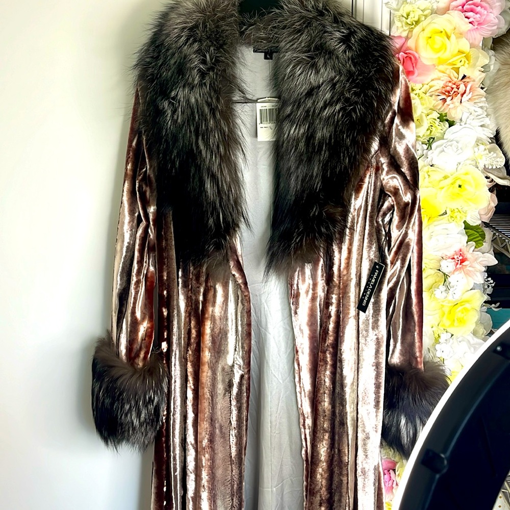 Pamela Dennis Brown Velvet Coat with Fox Fur Trim